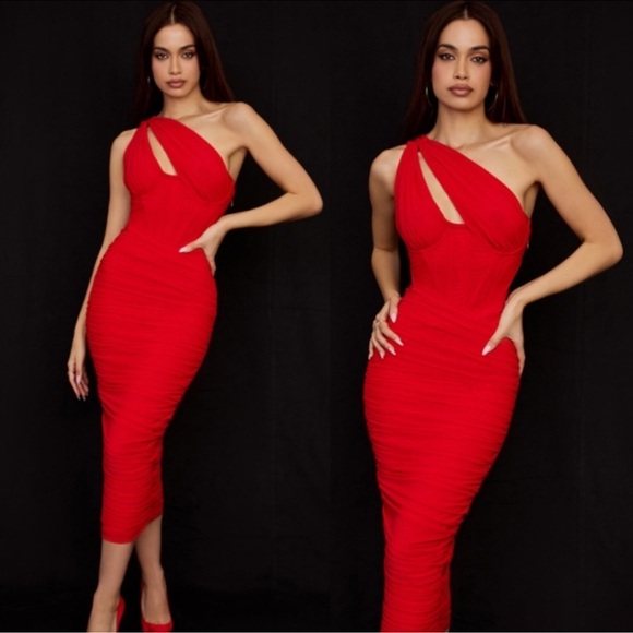 NWOT House of CB Valentina Scarlet Red Cutout Midi Dress sz XS - Picture 2 of 10